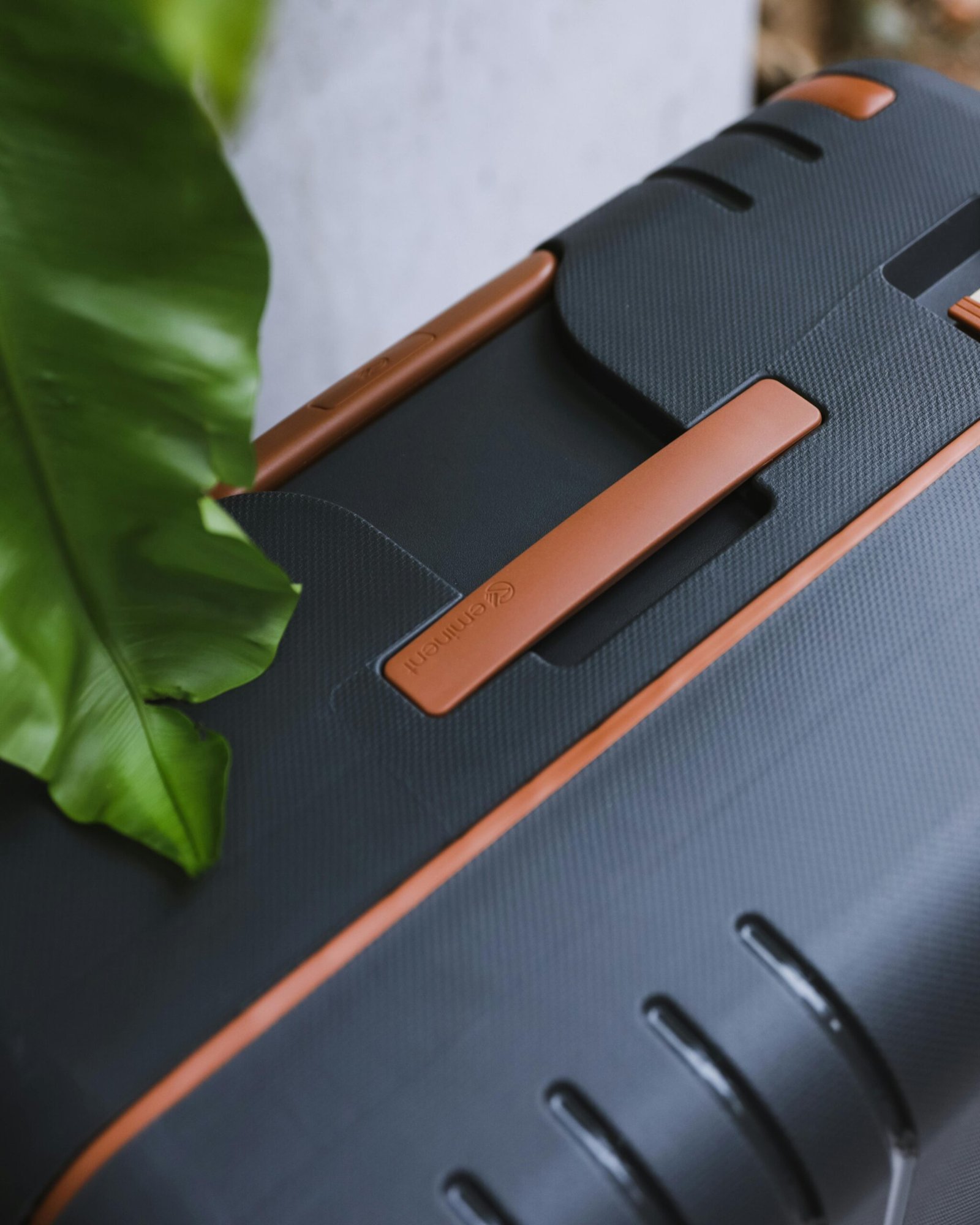 A vertical close-up shot showing the top of a black hardshell suitcase. It features a prominent tan-colored handle with the "Eminent" logo embossed on it. A green leaf from a plant partially obscures the left side of the frame.